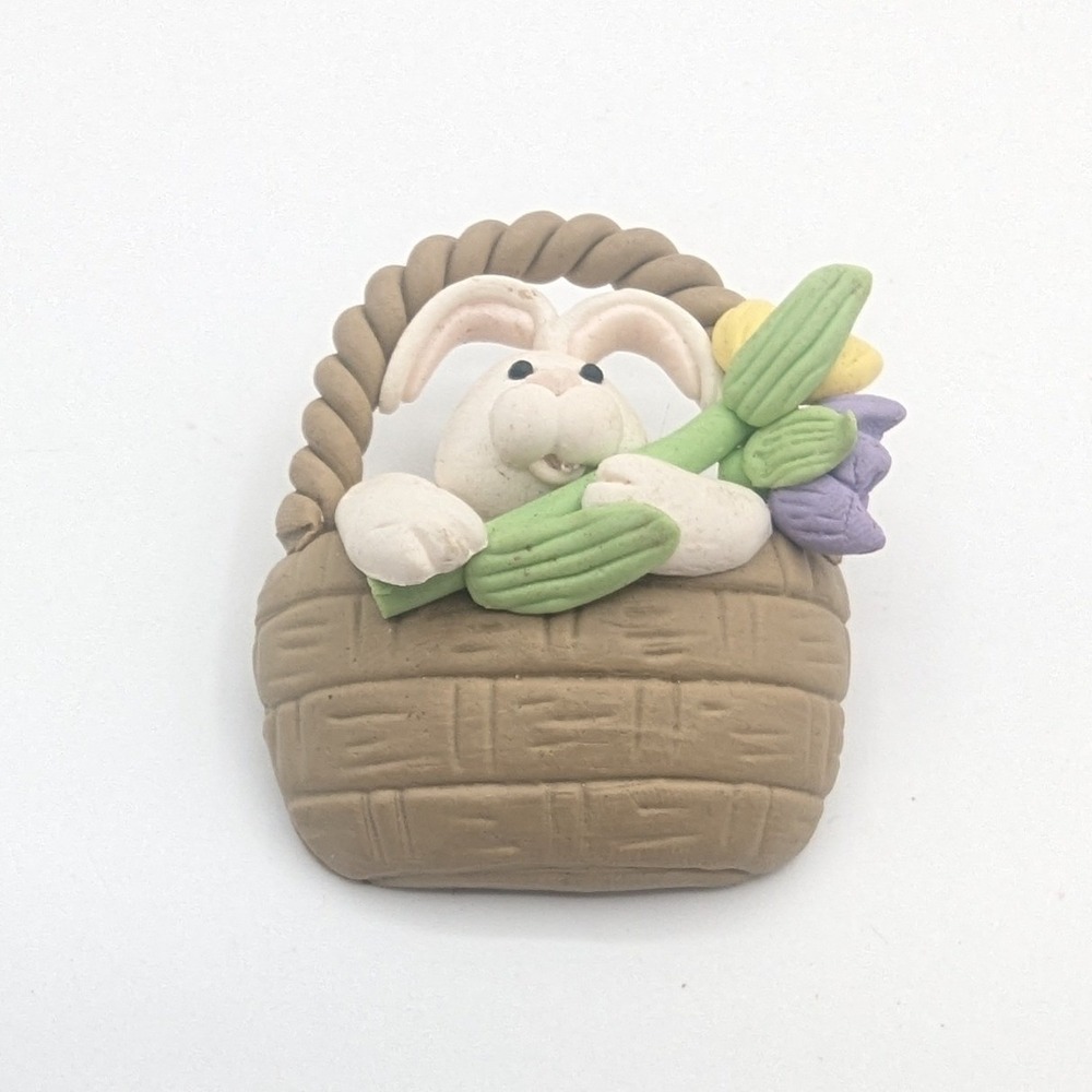 Vintage Easter Bunny Basket Polymer Clay Brooch Pin Spring Tulips Handmade Brown